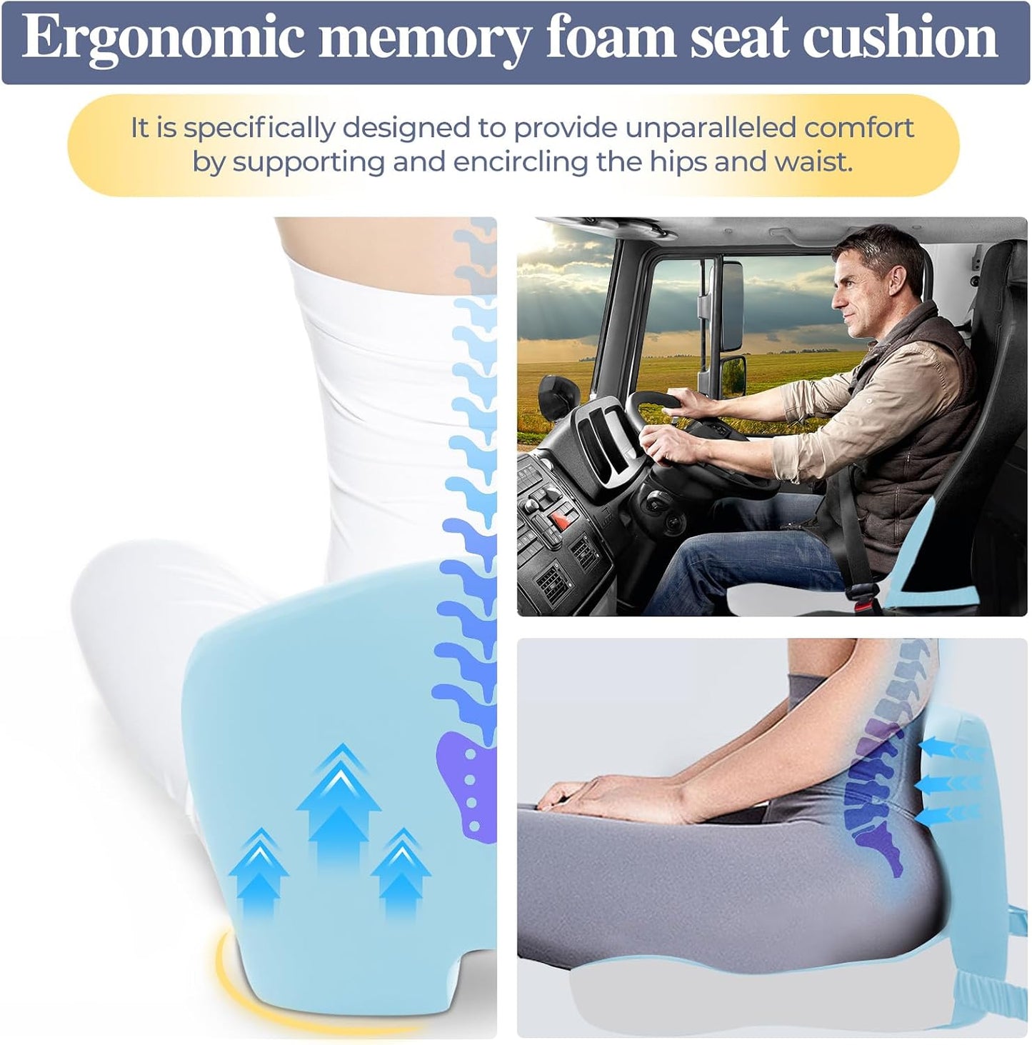 Memory Foam Seat Cushion for Sciatica & Back Pain Relief - Ergonomic Chair Pad with Adjustable Strap & Supportive Comfort Cover, Non-Slip for Car, Truck, Office Chair - Dark Gray&Light Gray