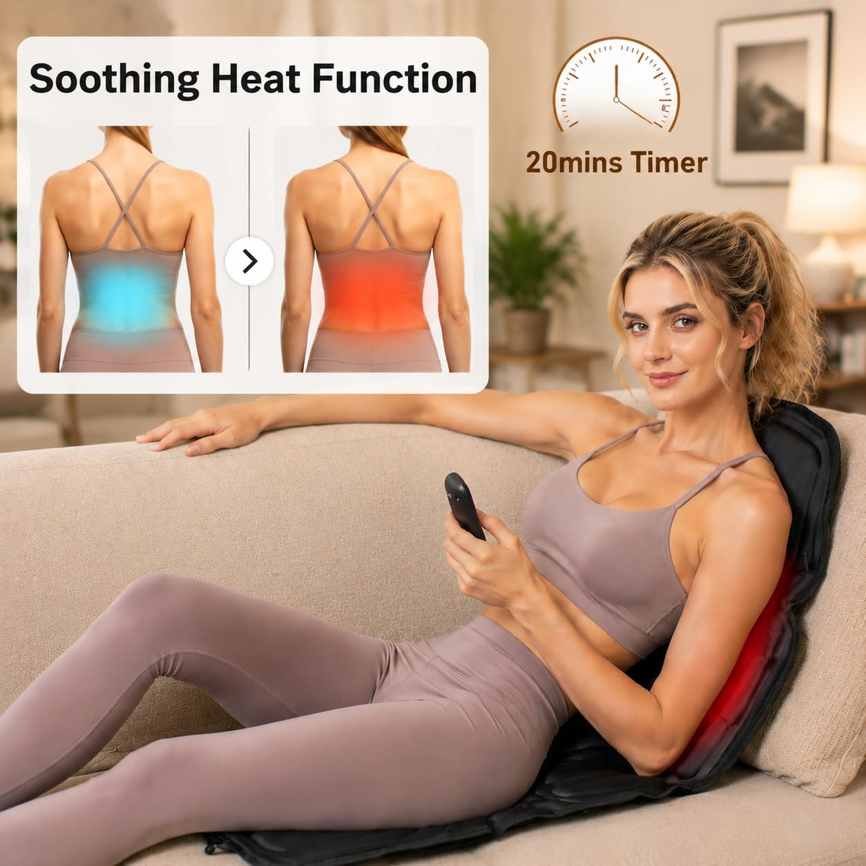 SLOTHMORE Vibration Back Massager for Chair with Heat, Chair Massager Pad with 8 Vibration, Massage Seat Cushion for Office Chair, Home Recliner & Sofa, Relaxing Gifts for Mom & Dad