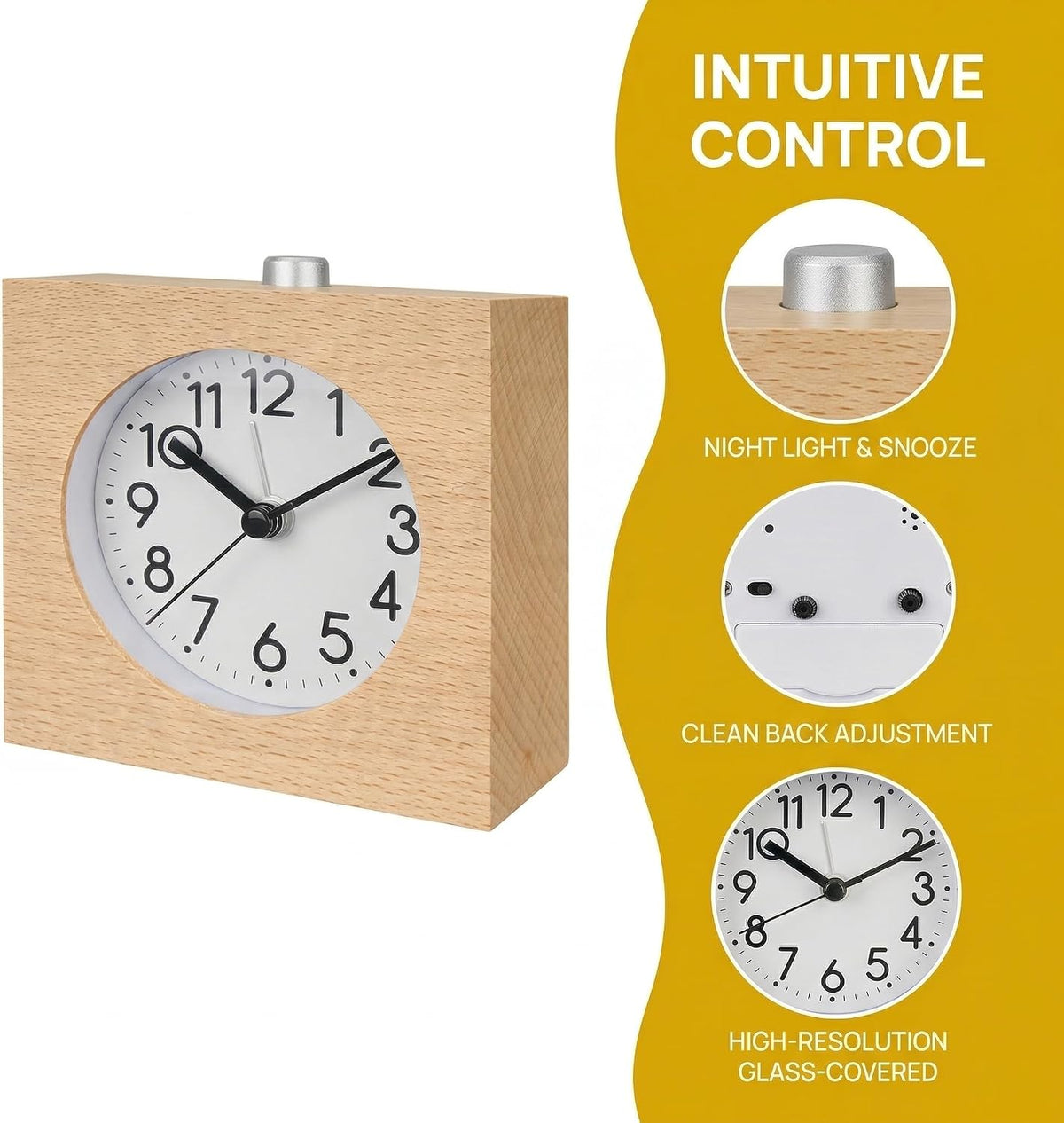Wooden Analog Alarm Clock Silent Battery Operated with Night Light