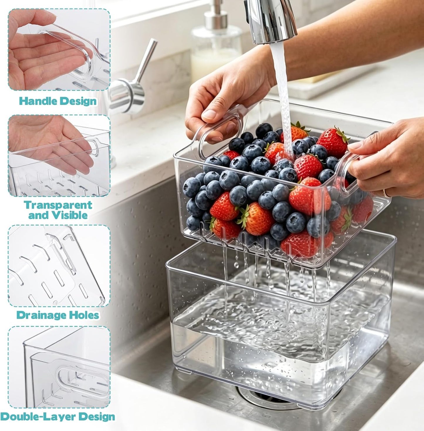 2 Pcs Transparent PET Fruit Draining, Washing Colander Food Storage Boxes, Plastic Cookie Containers, Refrigerator Organizers for Kitchen, Pantry, Vegetables, Fruits(2 Square)