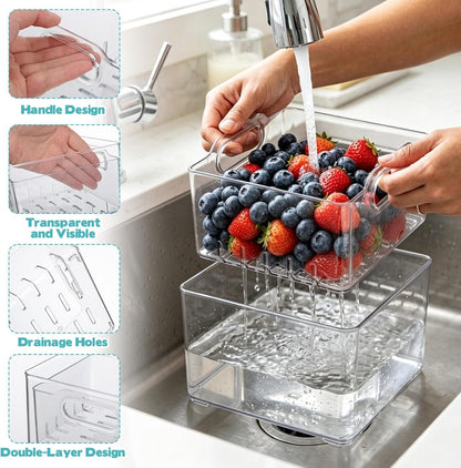 2 Pcs Transparent PET Fruit Draining, Washing Colander Food Storage Boxes, Plastic Cookie Containers, Refrigerator Organizers for Kitchen, Pantry, Vegetables, Fruits(2 Square)