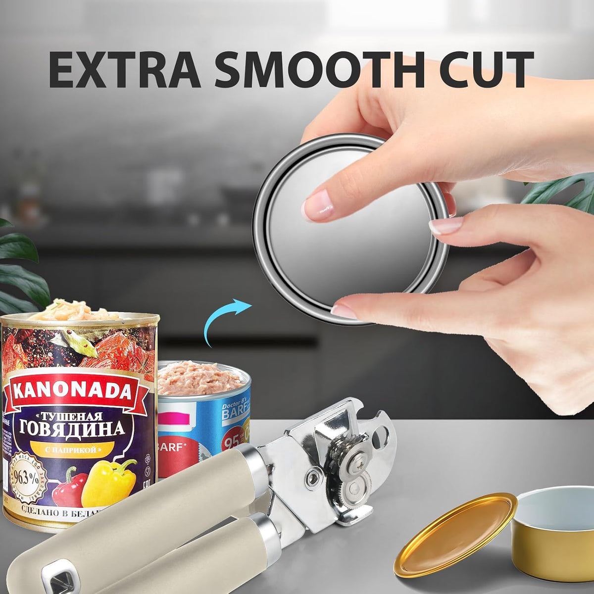 Safring Can Opener Manual, Heavy Duty Handheld Strong Can Opener with Soft Touch Handle, Sharp Blade Smooth Edge, Can Openers with Multifunctional Bottle Opener, Black