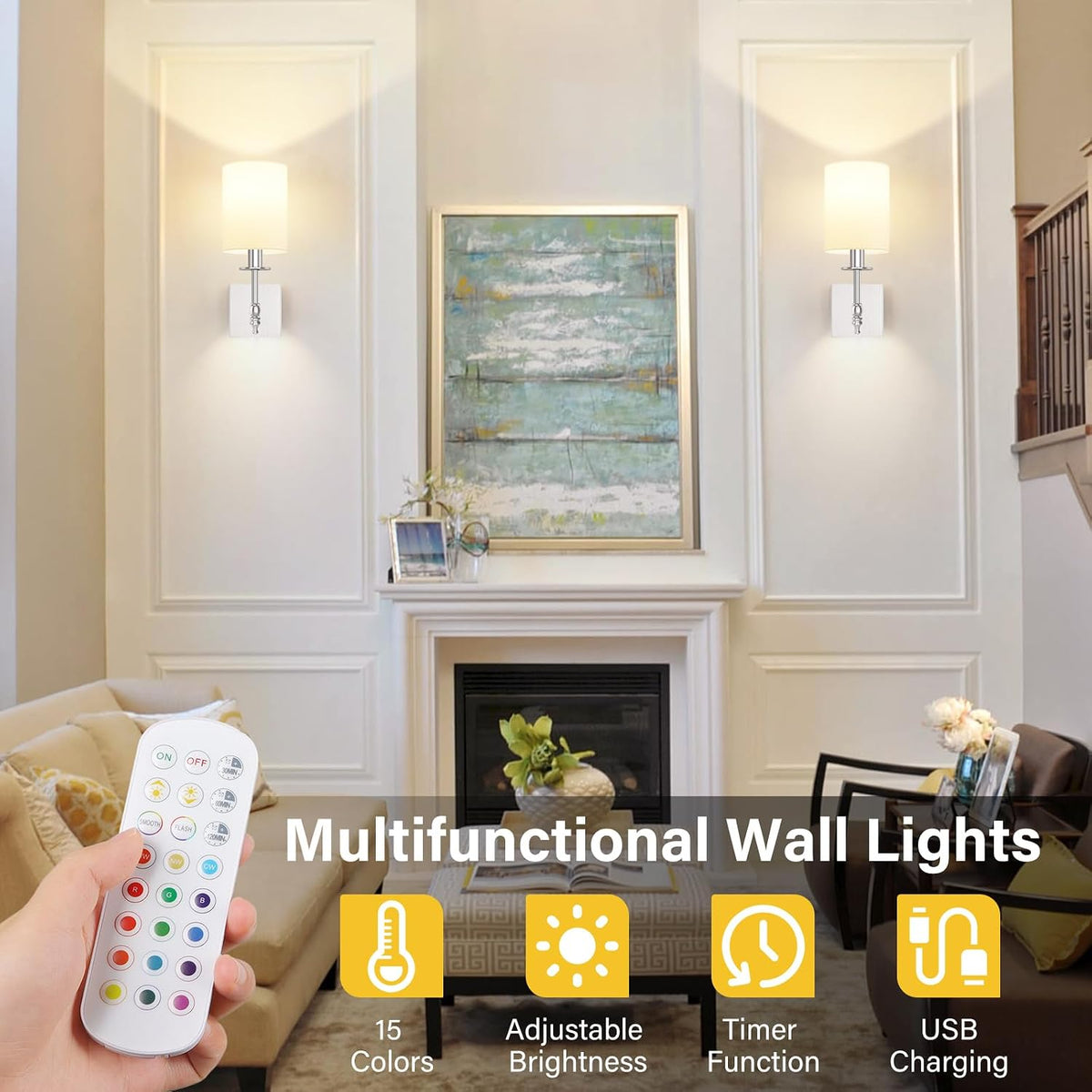 Battery Operated Wall Sconces Set of 2, Rechargeable Sconces with Remote
