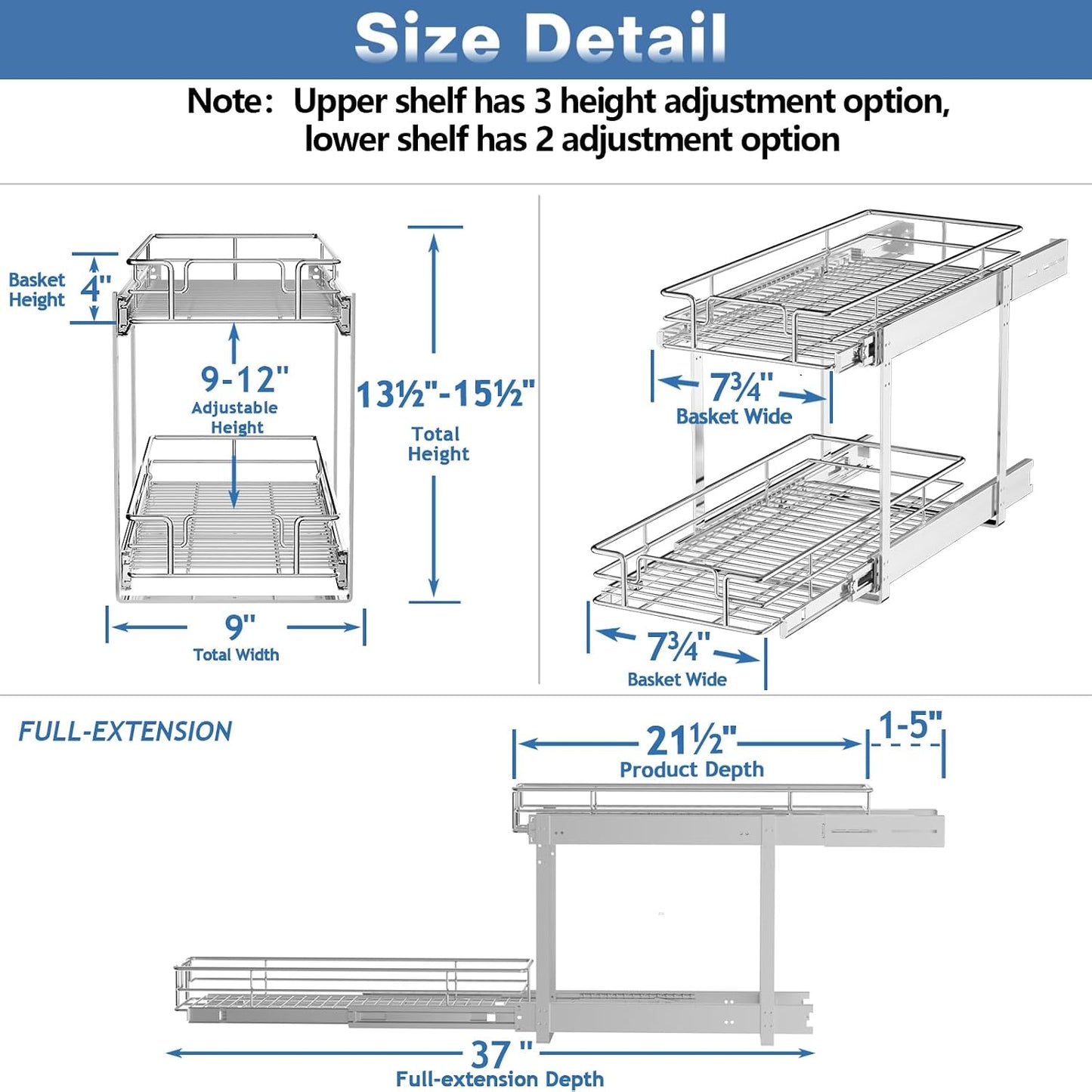 ROOMTEC Pull Out Cabinet Organizer, Pull Out Shelves 5½" W x 21½" D, Heavy Duty Cabinet Drawers Slide Out Kitchen Organizers Storage Shelf