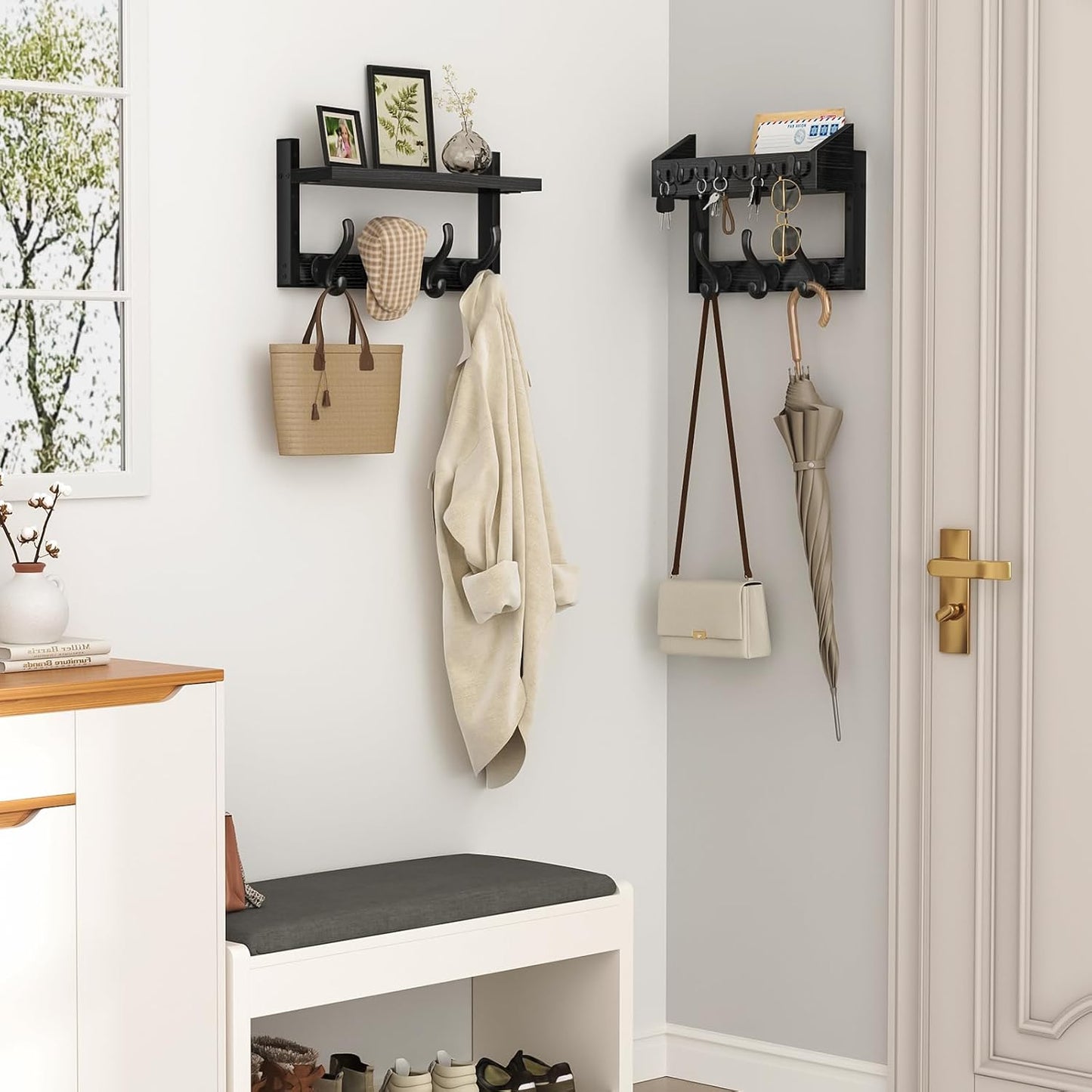 Evermagin 29" Coat Rack Wall Mount with Shelf for Entryway, Rustic Brown | Wall Mounted Coat and Key Rack with Hooks, Key Holder with Mail Organizer for Wall, Living Room, Mudroom, Bedroom