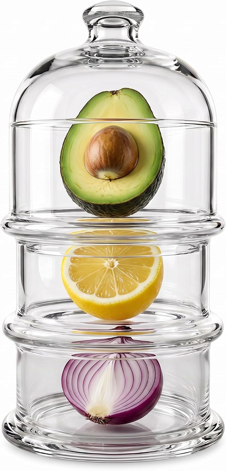 Multipurpose Glass Stackable Storage Jar with Lid, Avocado, Lemon, Onion, Tomato Keeper/Saver/Holder, Home & Kitchen Organizer
