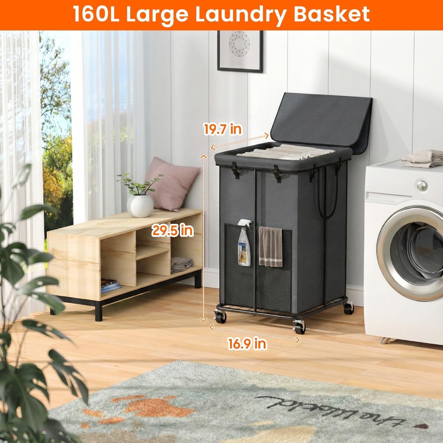 Laundry Hamper with Wheels, 150L Rolling Laundry Basket with Bag & Handles | Sturdy Metal Frame | Removable Bag | Large & Tall Dirty Clothes Hampers for Laundry Room, Bedroom, Dorm, Bathroom-Black