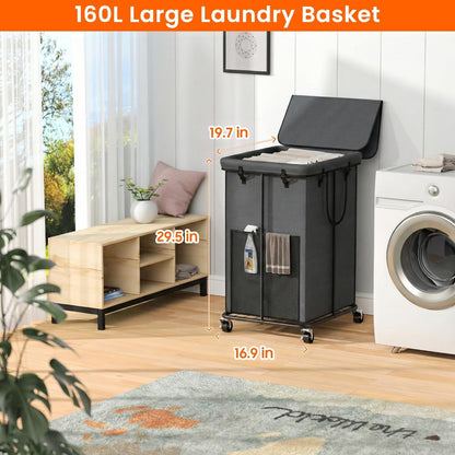 Laundry Hamper with Wheels, 150L Rolling Laundry Basket with Bag & Handles | Sturdy Metal Frame | Removable Bag | Large & Tall Dirty Clothes Hampers for Laundry Room, Bedroom, Dorm, Bathroom-Black