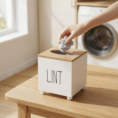 Lint Bin for Laundry Room, Farmhouse Lint Box, Wooden Lint Holder with Lid, Lint Container for Laundry Room Decor, Dryer Lint Trash Can for Laundry Accessory Organization