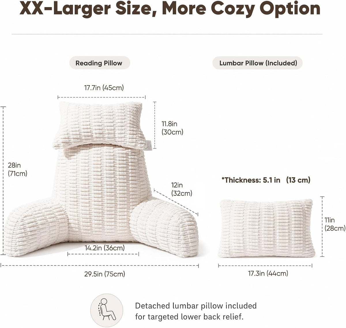 21" Higher Large Reading Pillow for Bed Adult, Back Pillow for Bed Sitting Up with Memory Foam Back Support with Arms Rest for Couch Chair Gray