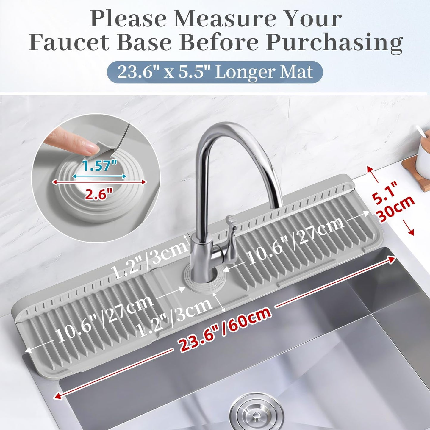 PoYang 24 Inch Faucet Mat for Kitchen Sink Splash Guard, Silicone, Black | Sink Protectors with 7° Slope for Smooth Drainage, Snap Button Holds It in Place, 90° Foldable & Cuttable Hole Fit Most Sinks