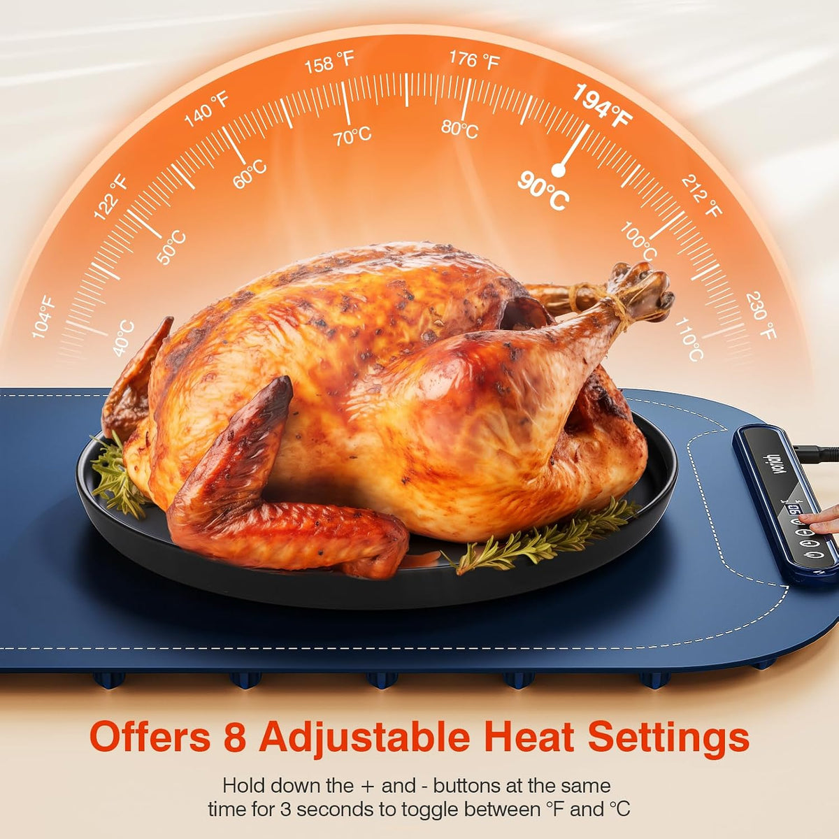 Warming Mat for Food, Voriah Electric Warming Tray with 3 Temp Settings & Auto Shut-Off, Food Warmer with Thick Silicone Surface to Keep Food Warm at Buffet, Parties, and Family Use（Dark Blue）