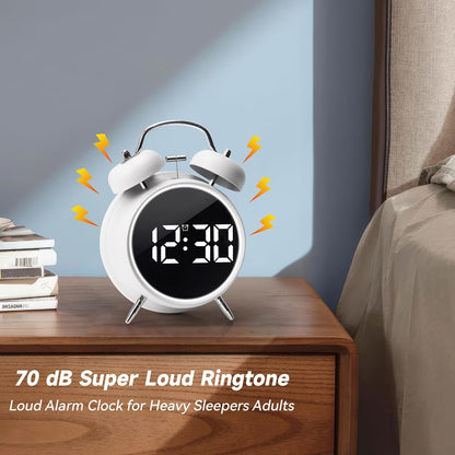 Digital Small Alarm Clock, 4.5 Inch Double Bell Electronic LED Alarm Clock, Plug in or Battery Operated Silent Metal Table Clock, Modern Loud Bedside Clock for Heavy Sleepers Adults Kids (Black)