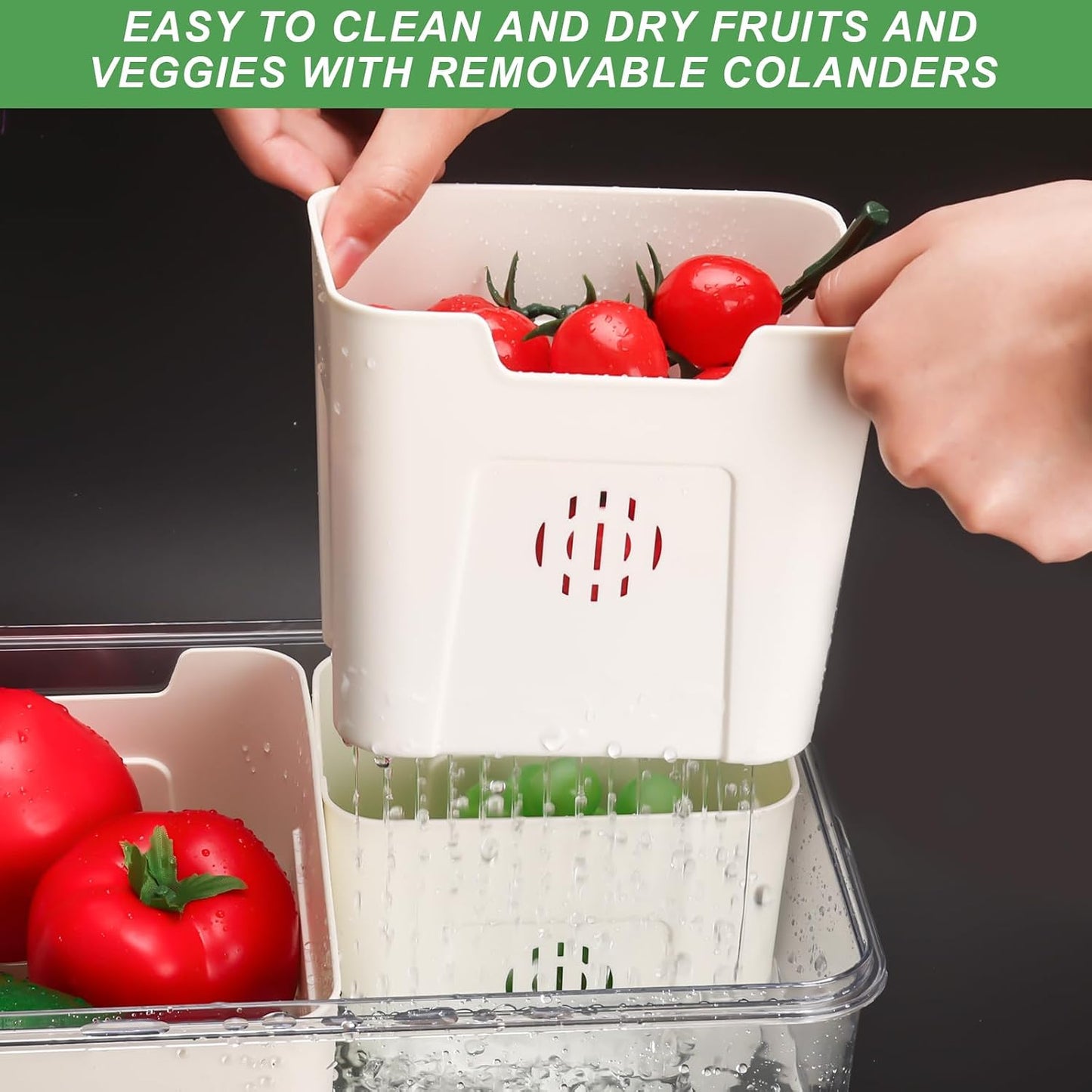 Fruit Storage Containers for Fridge with Lid and Handle, Veggie Tray Bins | Portable Fresh Produce Saver, Food Storage Container with 4 Removable Strainers,Salad Bar for Berry, Vegetable, Refrigerator