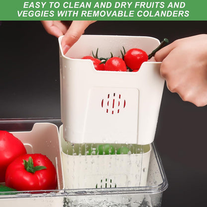 Fruit Storage Containers for Fridge with Lid and Handle, Veggie Tray Bins | Portable Fresh Produce Saver, Food Storage Container with 4 Removable Strainers,Salad Bar for Berry, Vegetable, Refrigerator