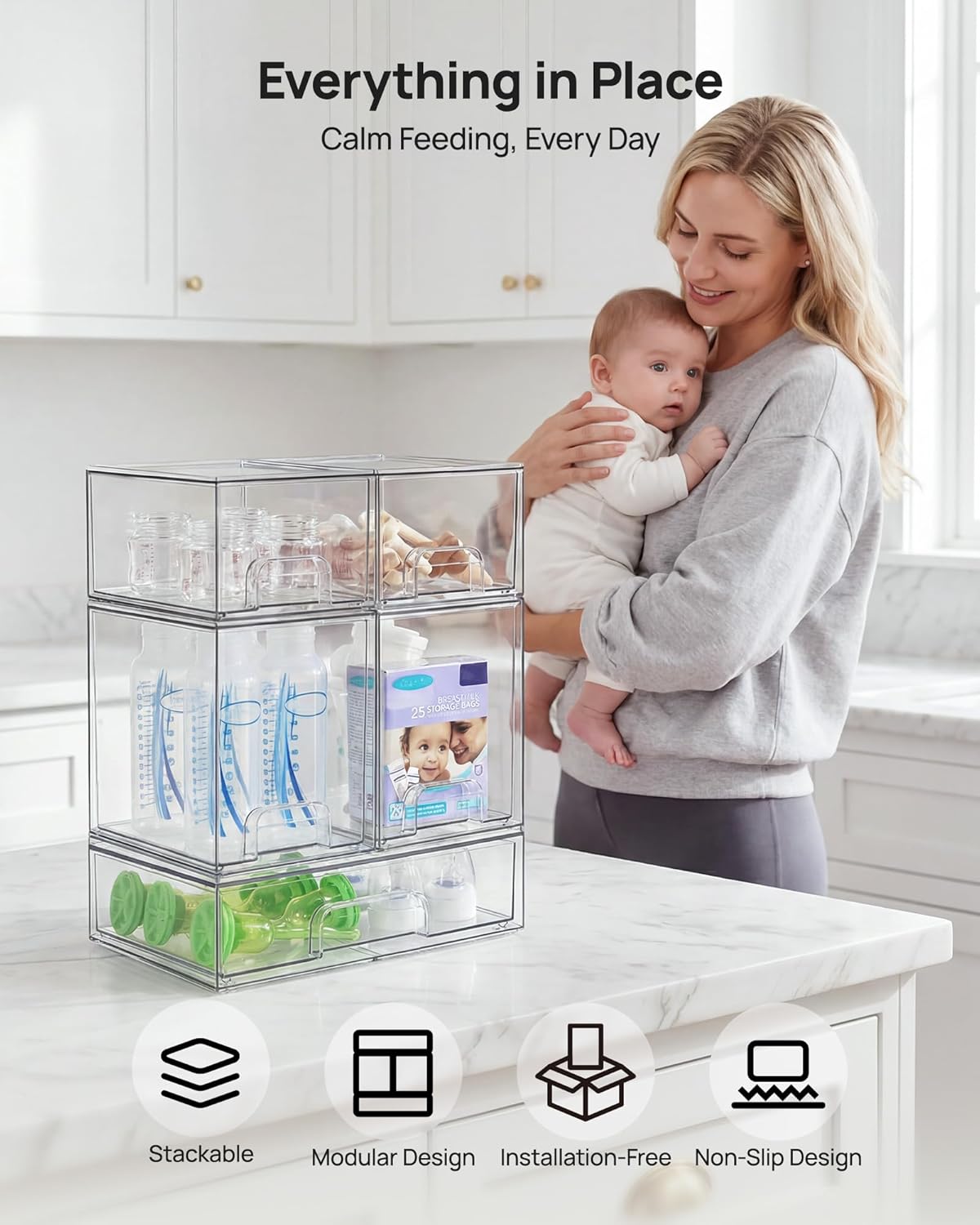 Vtopmart Clear Stackable Storage Drawers Set of 6, Plastic Organizer Bins | Multi-purpose Boxes for Bathroom Accessories Storage, Ideal for Cabinet, Shelf, Pantry, Laundry Room Organization