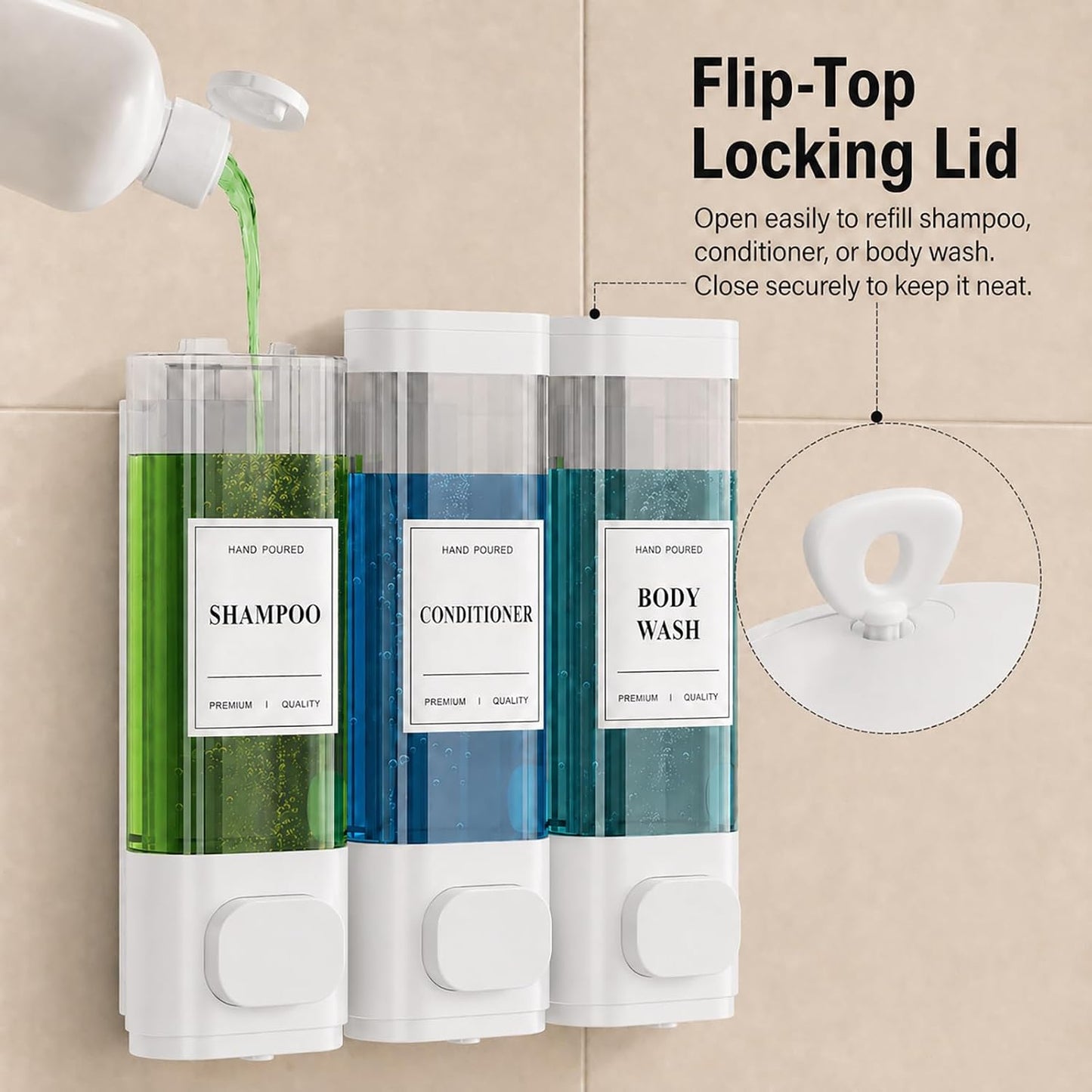 Shampoo and Conditioner Dispenser – Wall-Mounted Shower Soap Dispenser, No-Drill Installation, Lockable, 900 ml Capacity,for Bathroom & Hotel or Airbnb (Black, 3-Pack)
