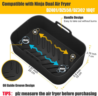 2Pcs Air Fryer Silicone Liners Rectangular for Ninja Foodi Dual DZ201 8QT | DZ090 6QT/Ninja DoubleStack SL201 8QT, MMH Reusable Airfryer Pot Baking Basket | Non-stick | Easy Cleaning | Food Safe | Gray