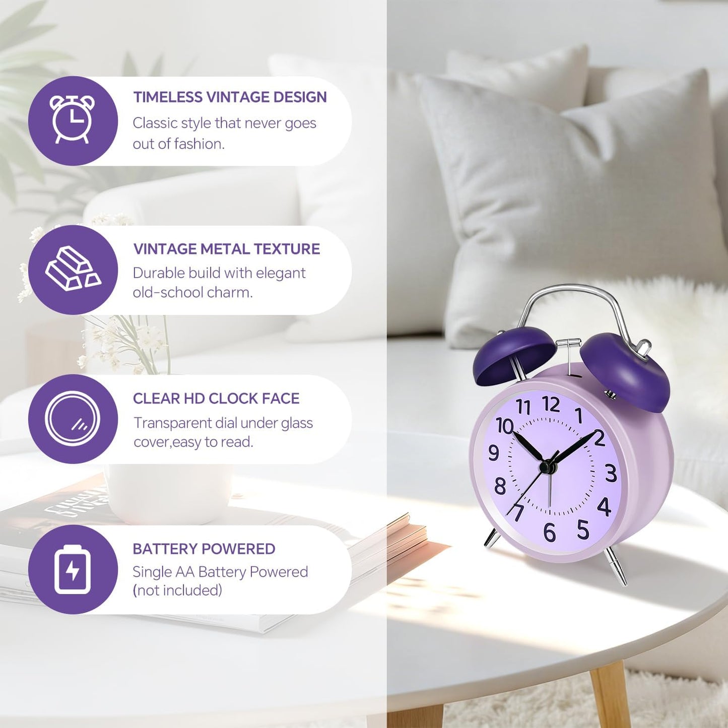 4.5" Analog Alarm Clock for Heavy Sleepers, Loud Battery Operated Alarm Clocks with Light, Metal Silent Desk Clock for Bedrooms, Retro Bedside Clocks for Kids Girls Women Mother Seniors, Pink