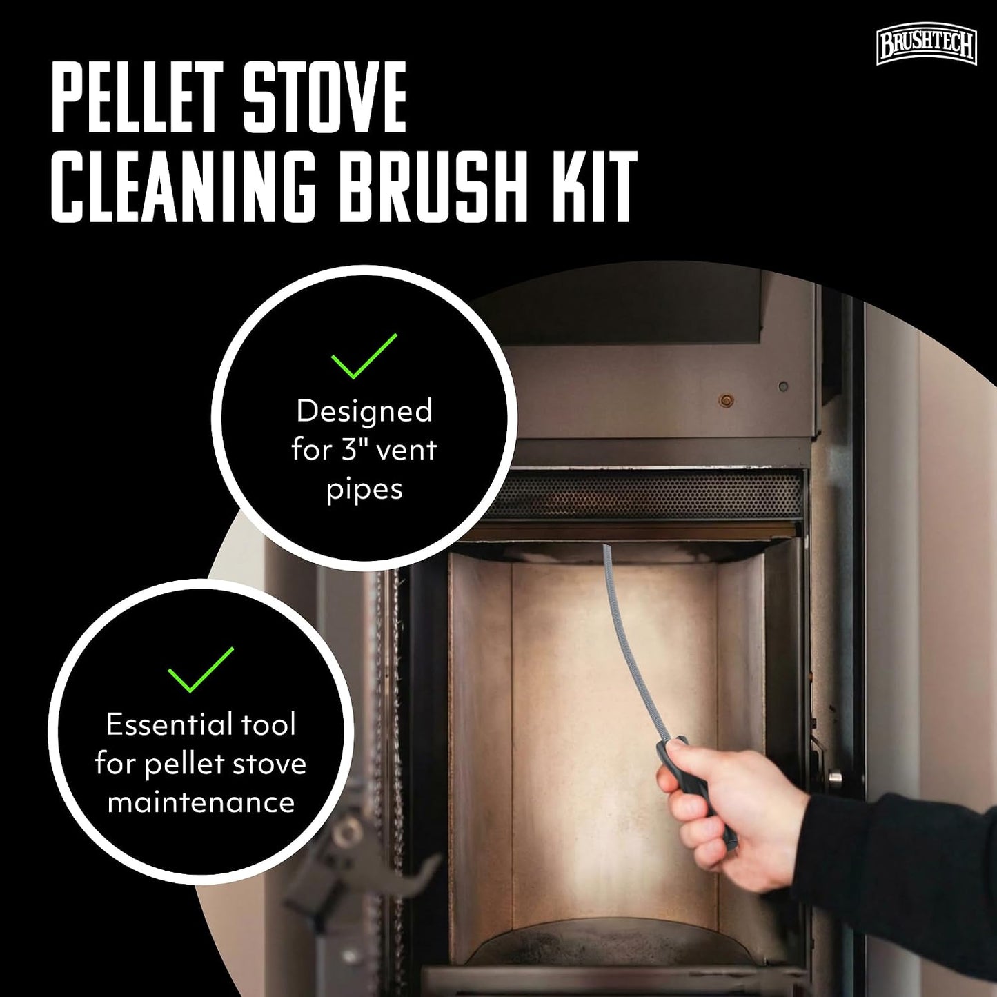 BRUSHTECH – Brushtech – Pellet Stove Cleaning Brush for 3" Vent Pipes Kit - Black