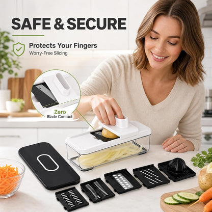 7-in-1 Mandoline Vegetable Slicer, Multi-Purpose Food Chopper & Grater with 5 Interchangeable Blades, Adjustable Julienne Cutter with Container & Safety Guard, Kitchen Gadget for Meal Prep