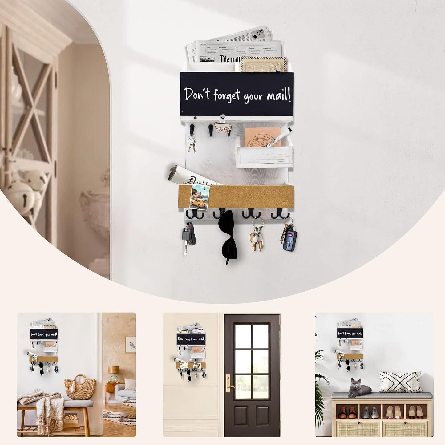 Key Holder for Wall Mount with Shelf and Mail Organizer, Key and Mail Holder with 16 Hooks, Farmhouse Entryway Organizer, Home Decor Rack (Pine Wood, White Washed)