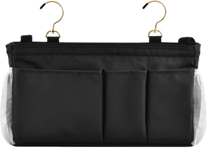 Black Bedside Caddy Storage Bag Bedside Organizer for Bed Rails College Dorm Room Organizer Caddy Hanging Shelf 6 Pockets with Hooks for Drinks Magazine Phone Holder