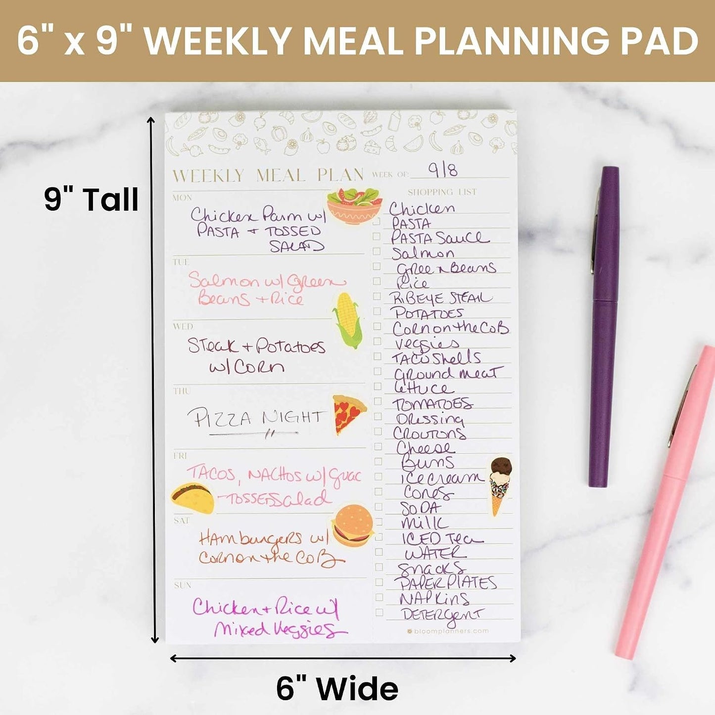 bloom daily planners Weekly Meal Planning Pad - Magnetic Hanging Refrigerator Menu Planner with Tear-Off Sheets & Perforated Grocery Shopping Lists - 6” x 9” (Pink Floral)