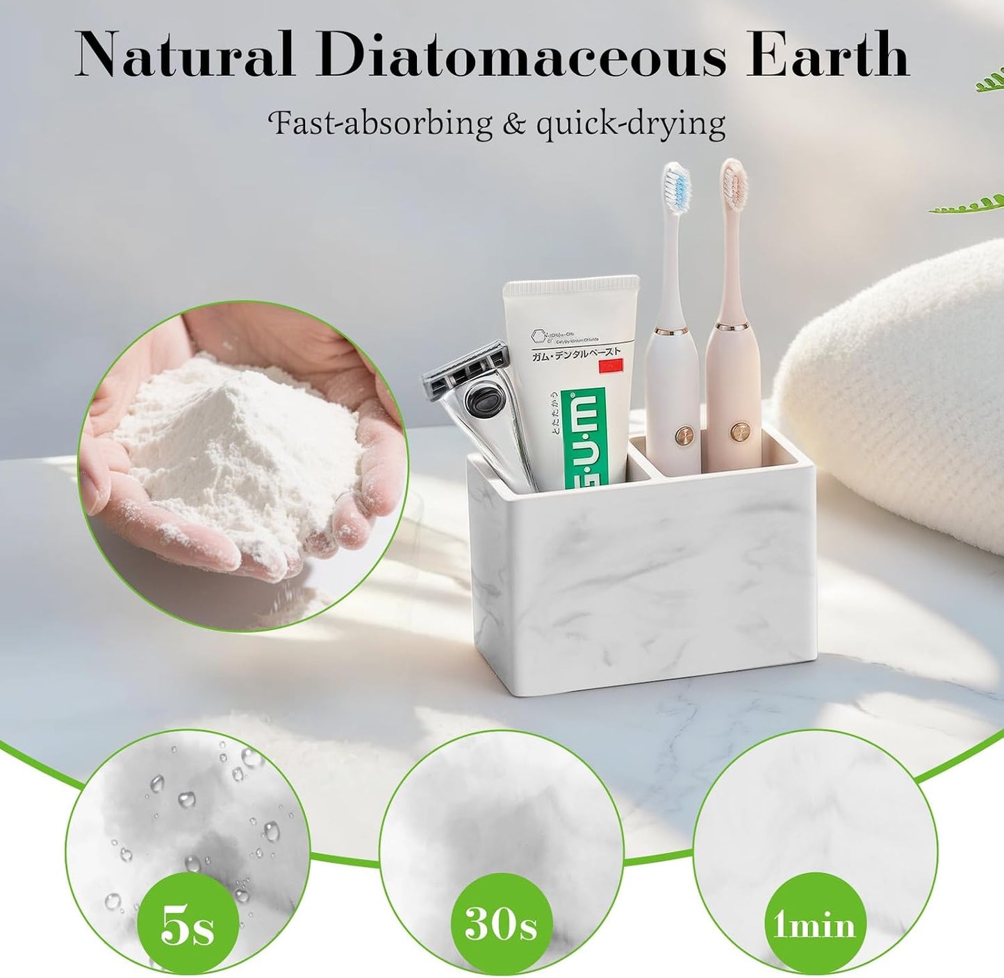 Luxspire Diatomite Toothbrush Holder, 2 Slots, Marble White | Fast Drying, Diatomaceous Earth, Electric Tooth Brush and Toothpaste Organizer, For Bathroom Kitchen Vanity Countertop