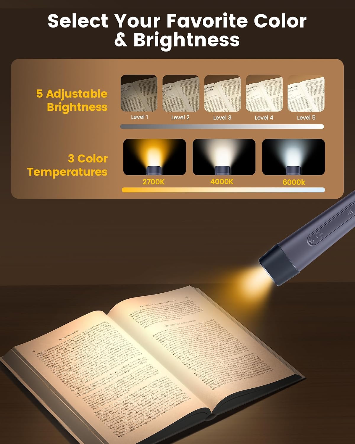 Glocusent Neck Light with Timer, 100 Hours Book Light for Bedtime Reading | Neck Reading Light, 3-Color, 5 Brightness, Bendable, Ergonomic, 1600mAh, Rechargeable, Eye Care, Sleep Aid, Travel Lock, Gift