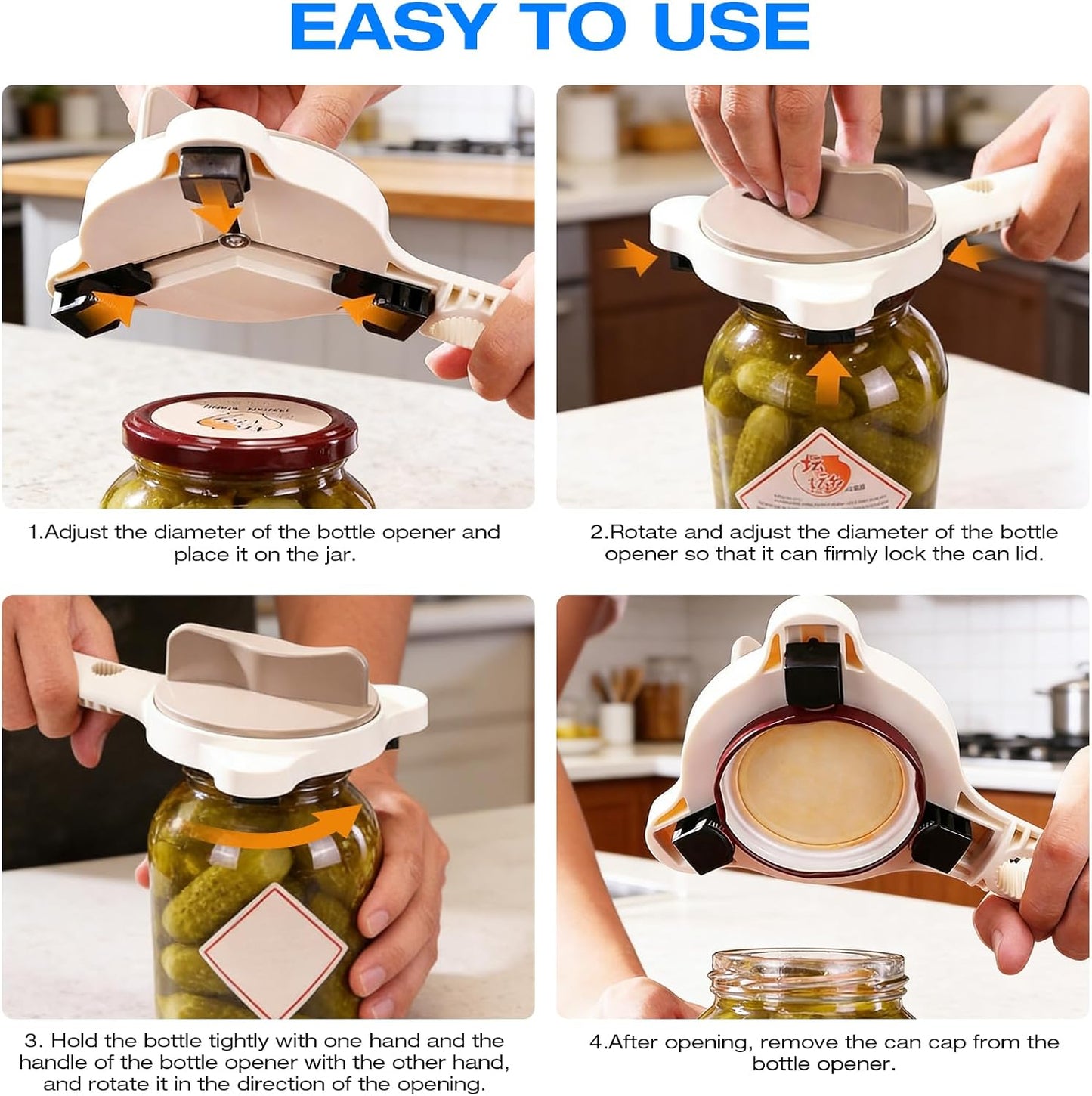 4-in-1 Heavy Duty Jar Opener for Seniors and Weak Hands – Ergonomic Manual Bottle Opener for Small to Large Lids – Multifunction Kitchen Tool for Arthritic Hands, Beer, Sauces & Canned Goods