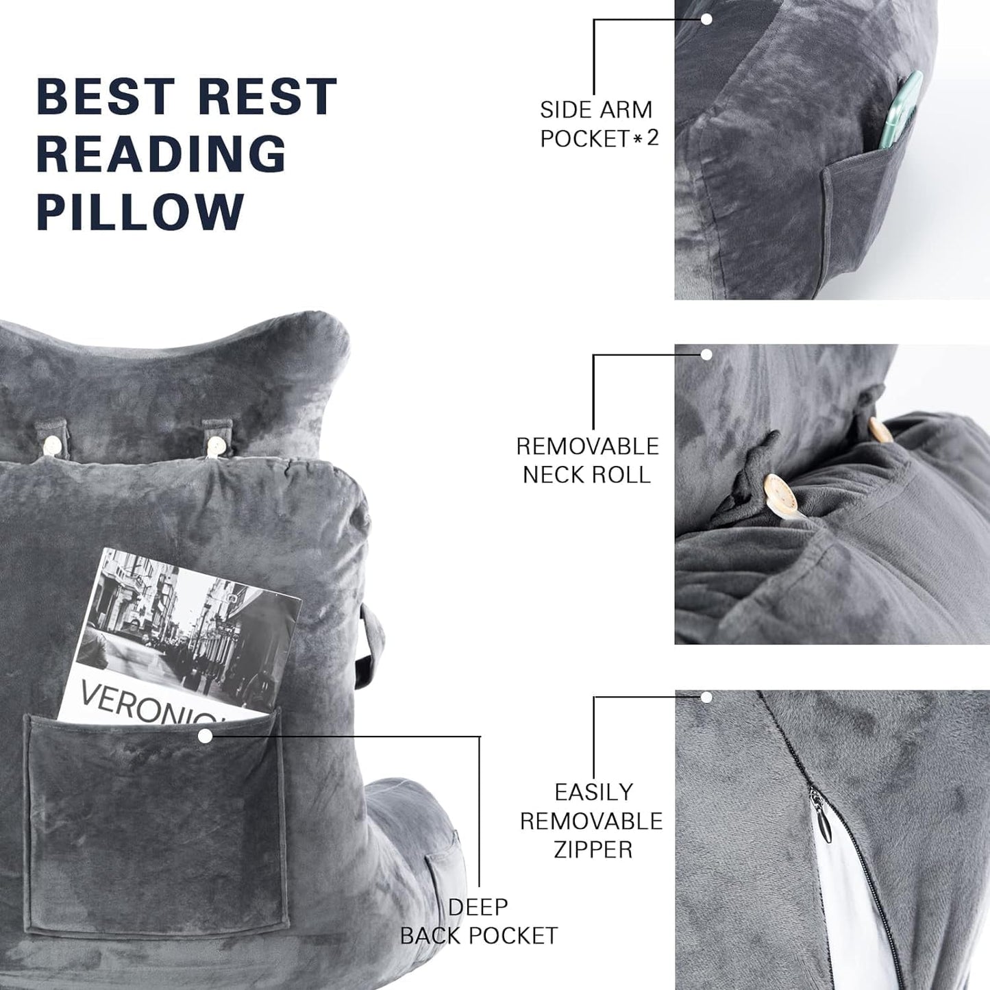 SLIGUY Reading Pillow-Bed Rest Pillow with Detachable Neck Roll & Support Arm for Sitting in Bed Couch or Floor-Backrest Reading Pillow Adult Back Pillow for Reading/Watching TV/Gaming,Dark Grey