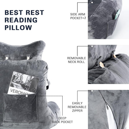 SLIGUY Reading Pillow-Bed Rest Pillow with Detachable Neck Roll & Support Arm for Sitting in Bed Couch or Floor-Backrest Reading Pillow Adult Back Pillow for Reading/Watching TV/Gaming,Dark Grey