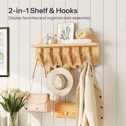 HOOBRO Wall Hooks with Shelf, Coat Rack with Shelf Wall-Mounted, Entryway Wall Key Holder, Hat Rack for Walls, Purse Hanger for Wall, Entryway Hanging Shelf with 6 Retractable Pegs, Black BK46YM01