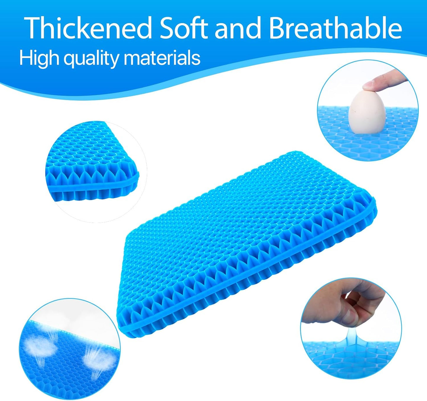Gel Seat Cushion for Long Sitting, (Thick & Large) Cushion for Wheelchair | Gel Cushion for Office Chair, Soft & Breathable, Chair Cushion, Gel Car Seat Cushion for Hip Pain (Blue Cushion+Black Cover)