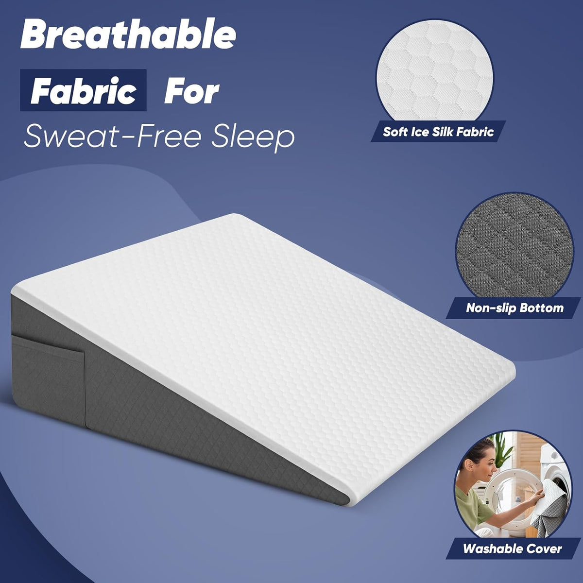 Bed Wedge Pillow for Sleeping & Resting, 8 inch Incline Pillow Wedge for Adults Seniors, Back Support and Leg Elevation, Cooling Memory Foam Top, Ideal for Couch, Bedroom & Living Room