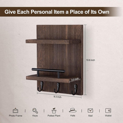 Key Holder Wall Mount, Mail Shelf Decor with 3 Key Hooks, Versatile Wood Wall Organizer for Entryway Hallway (8.2” x 10.6”x 3.6”) (White) | Farmhouse Key Hanger Holds Dog Leash, Sunglasses – Decorative Mail Organizer Home Decor