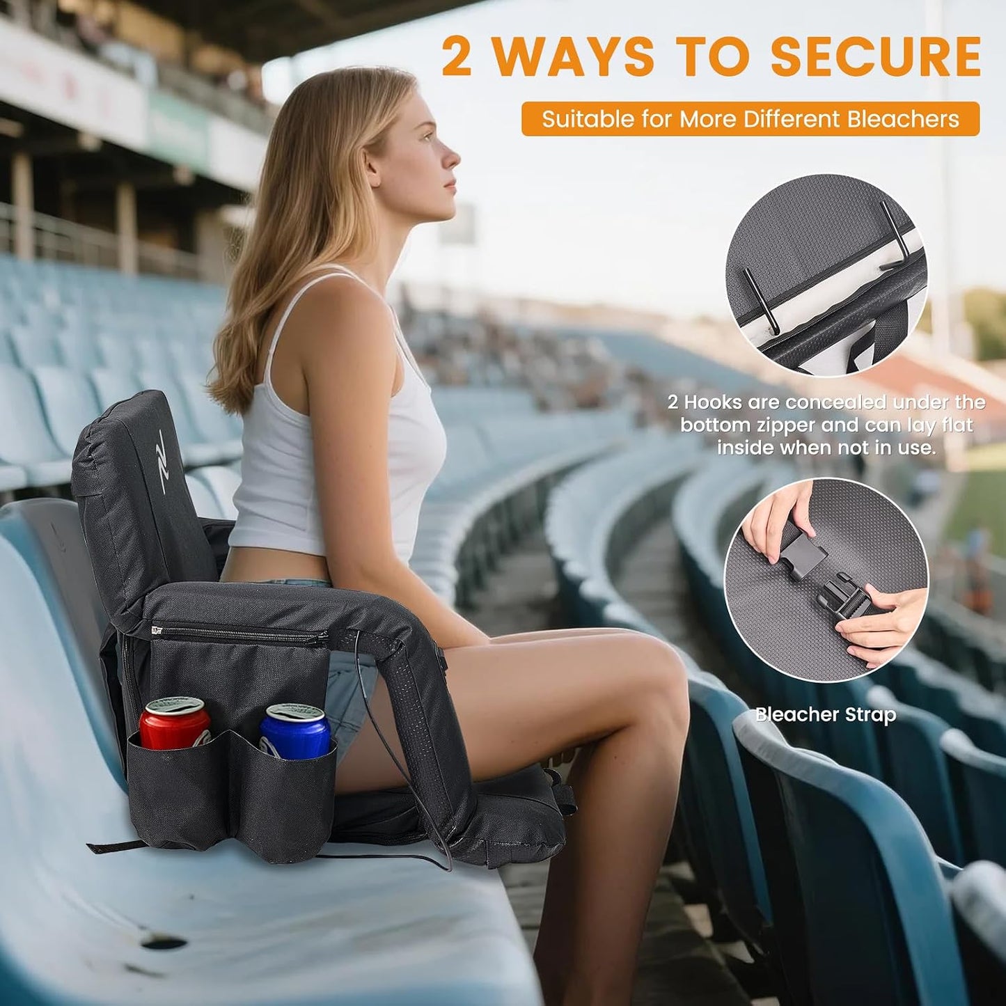 25in 5.12" Extra Thick&Wide Heated Stadium Seat for Bleachers | Sofa Style Design Thick Bleacher Chair With Back and Comfy Cushion, 6 Reclining Positions, 3 Heat Levels (NO Battery)