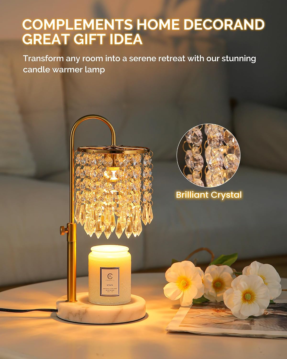 Candle Warmer Lamp with Timer Dimmer and 3 Bulbs, Candle Lamp Warmer with Marble Base for Adjustable Height, Crystal Candle Lamp for Jar Candles, House Warming Gifts Home Room Decor, Silver