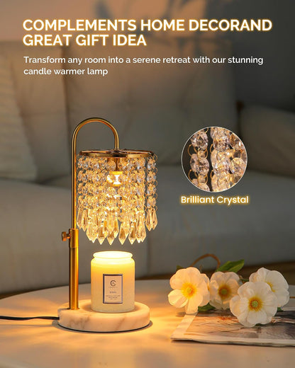 Candle Warmer Lamp with Timer Dimmer and 3 Bulbs, Candle Lamp Warmer with Marble Base for Adjustable Height, Crystal Candle Lamp for Jar Candles, House Warming Gifts Home Room Decor, Silver