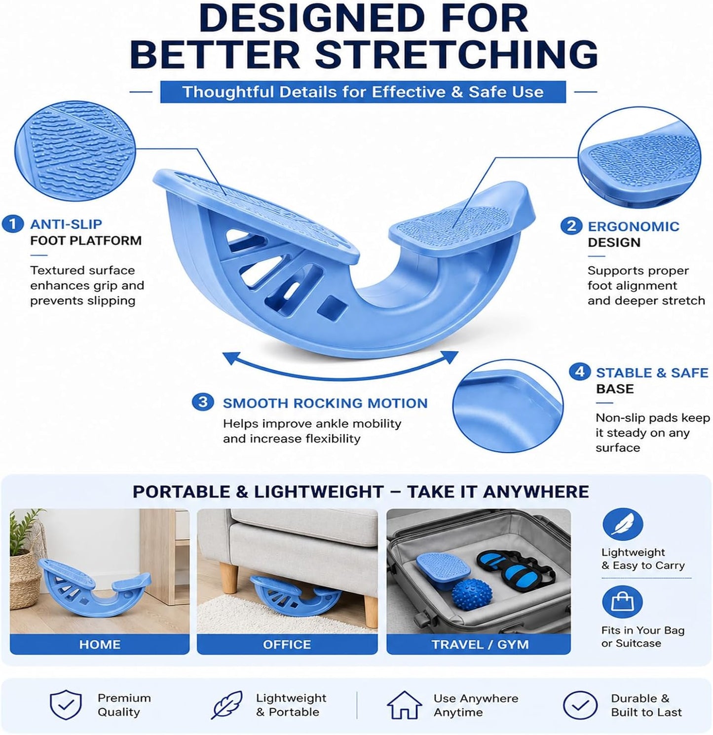 3-in-1 Calf Stretcher & Foot Rocker Kit, Portable Physical Therapy Tool with Leg Stretch Strap & Foot Massage Ball, Relief for Plantar Fasciitis, Achilles Tendonitis, Heel Pain, Yoga, Running
