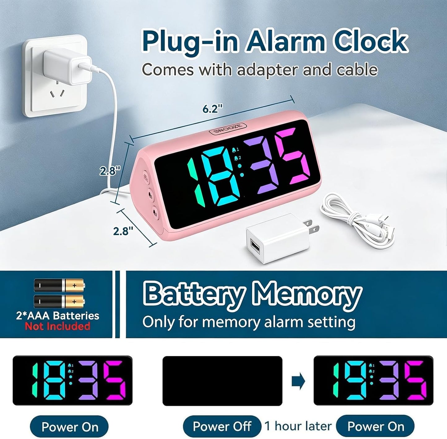 Netzu Loud Alarm Clock for Heavy Sleepers, RGB Alarm Clocks for Bedrooms Seniors Kids, Plug in Digital Clock with 5 Dimmers, 2 Alarms, 4 Volumes and Snooze