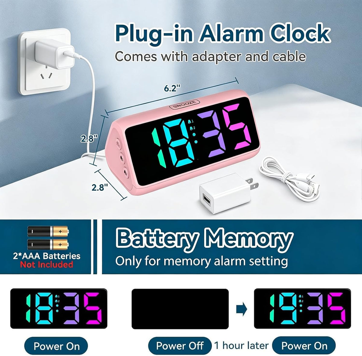 Netzu Loud Alarm Clock for Heavy Sleepers, RGB Alarm Clocks for Bedrooms Seniors Kids, Plug in Digital Clock with 5 Dimmers, 2 Alarms, 4 Volumes and Snooze