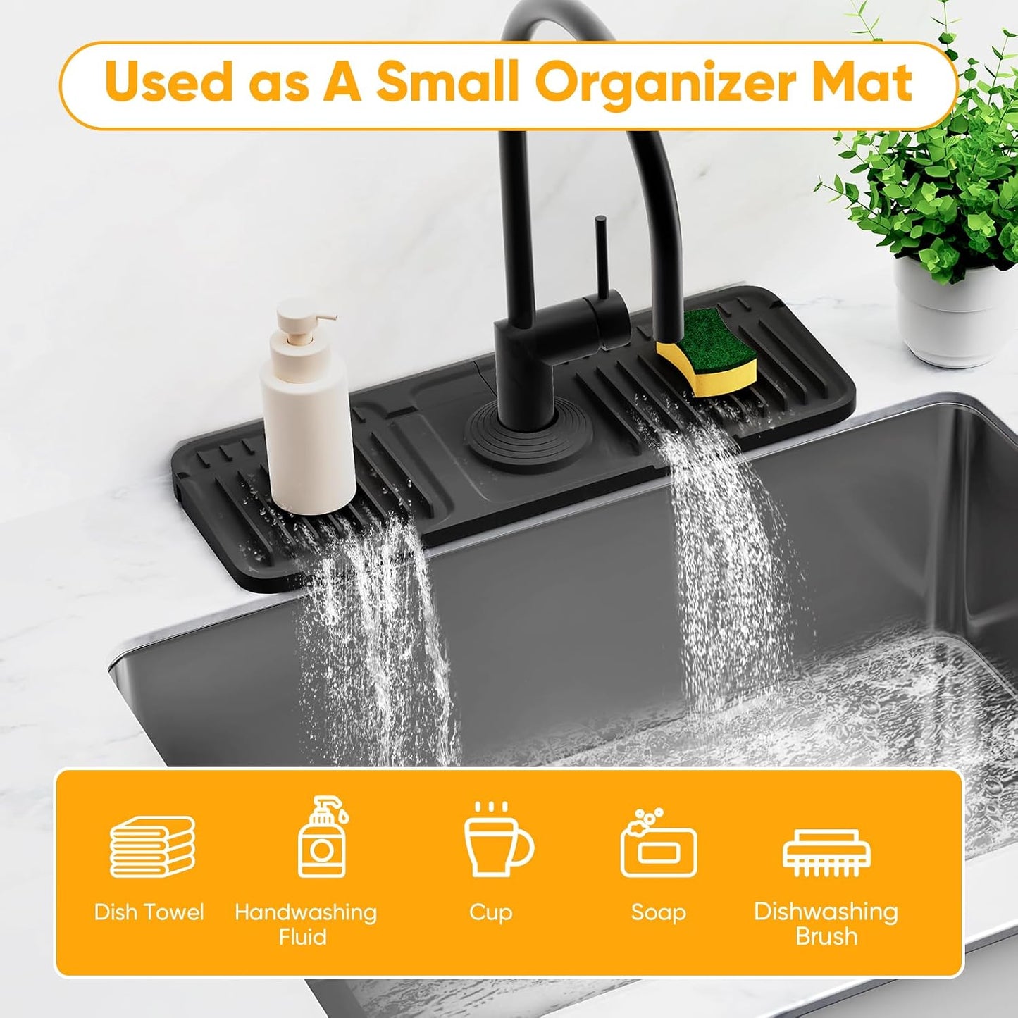 24'' Longer Faucet Mat for Kitchen Sink Splash Guard[7° Slope Fast Self-draining][Snap Lock Fit]Kitchen Sink Faucet Mat Splash Guard Kitchen Sink Area Water Splash Guard Behind Faucet Draining Mat