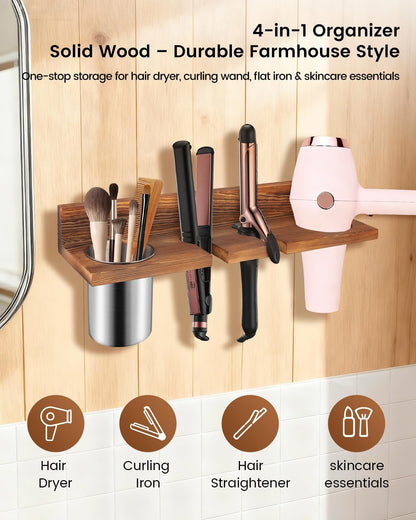 Hair Tool Organizer for Bathroom – Wall Mounted Hair Dryer Holder with Heat-Resistant Cups, Curling Iron & Straightener Rack, Blow Dryer Organizer for Vanity or Wall (Black)