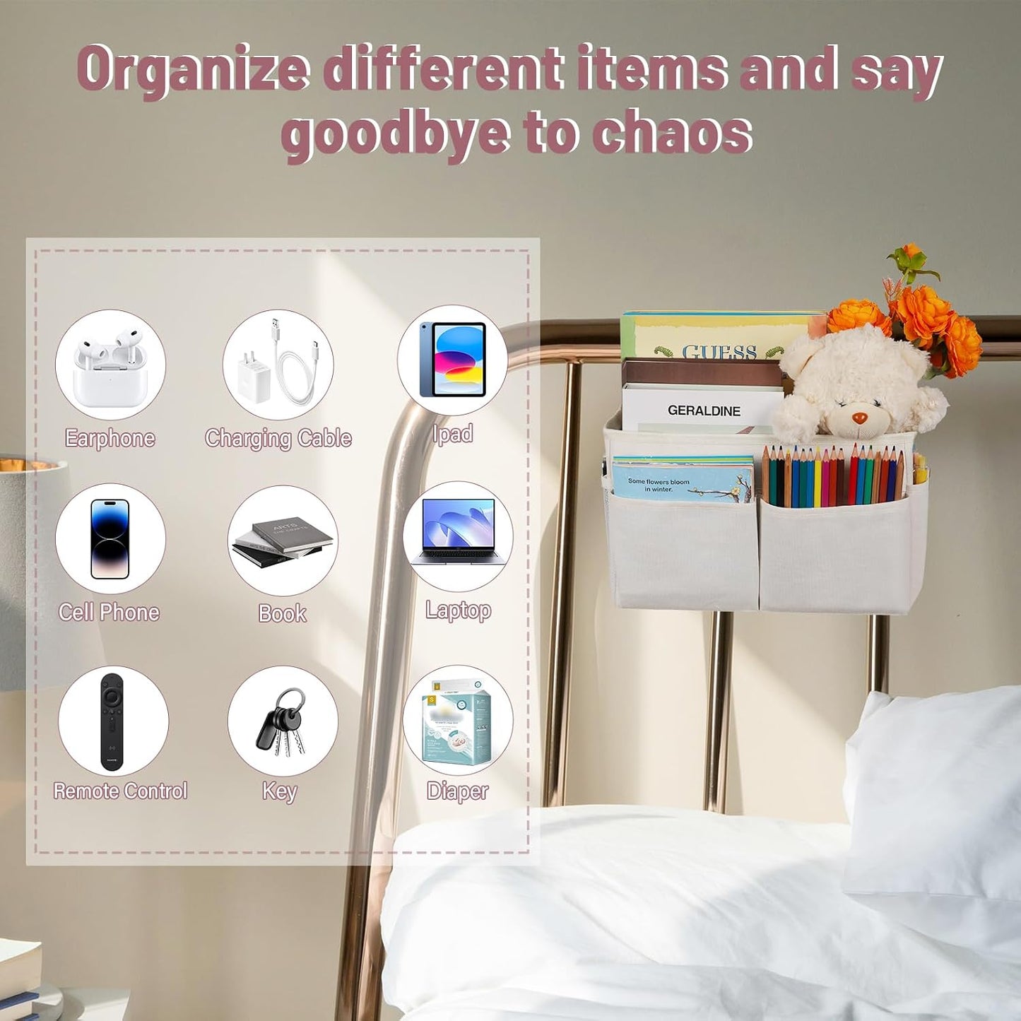 Bedside Caddy Organizer 5 Pockets and 4 Hooks for Bunk Bed Pink | Hanging Storage Bag for Headboards