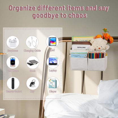 Bedside Caddy Organizer 5 Pockets and 4 Hooks for Bunk Bed Pink | Hanging Storage Bag for Headboards