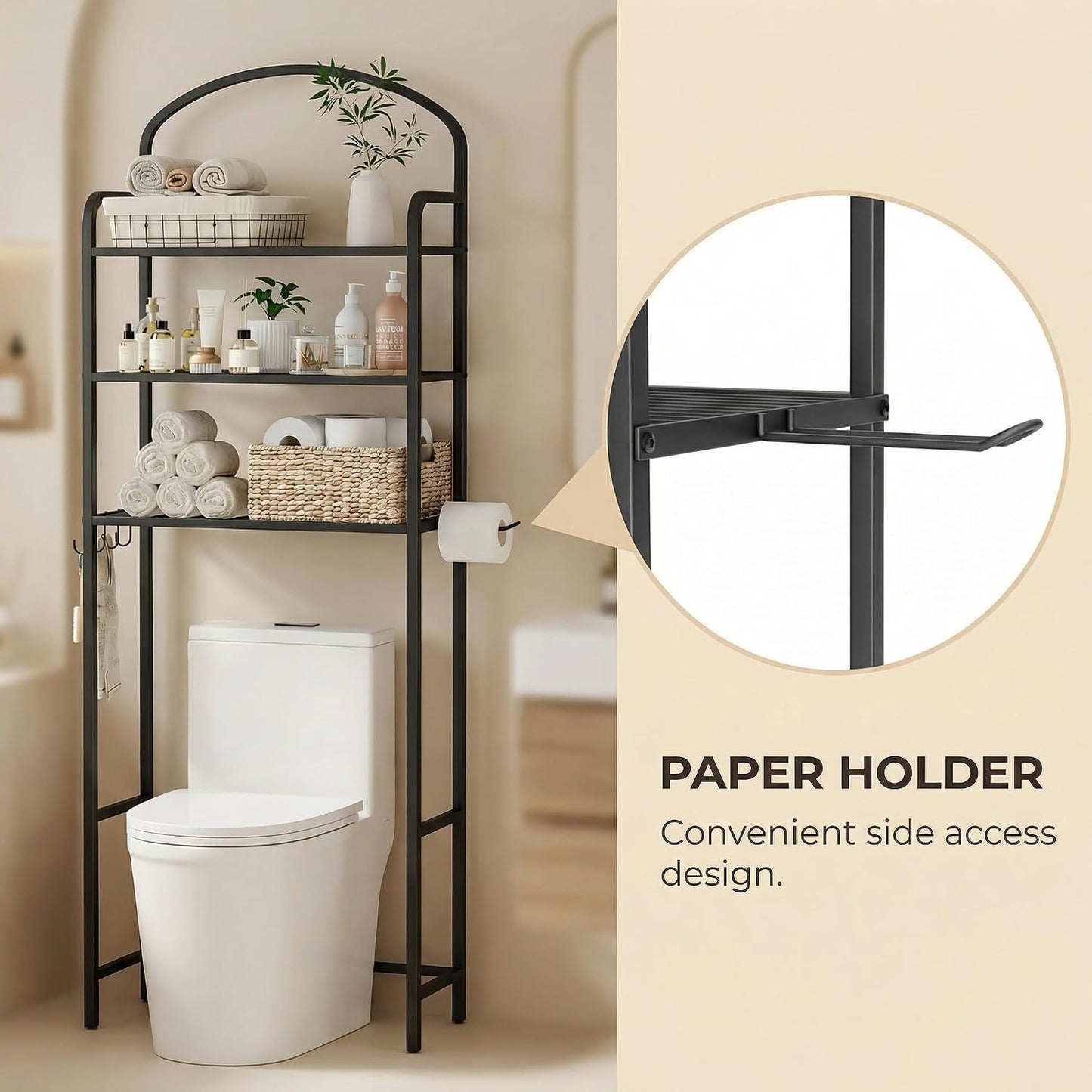 3 Tier Over The Toilet Storage Rack, Bathroom Organizer | Toilet Storage with 4 Hooks & Paper Holder, Space-Saving, Freestanding Bathroom Shelf, Metal, White