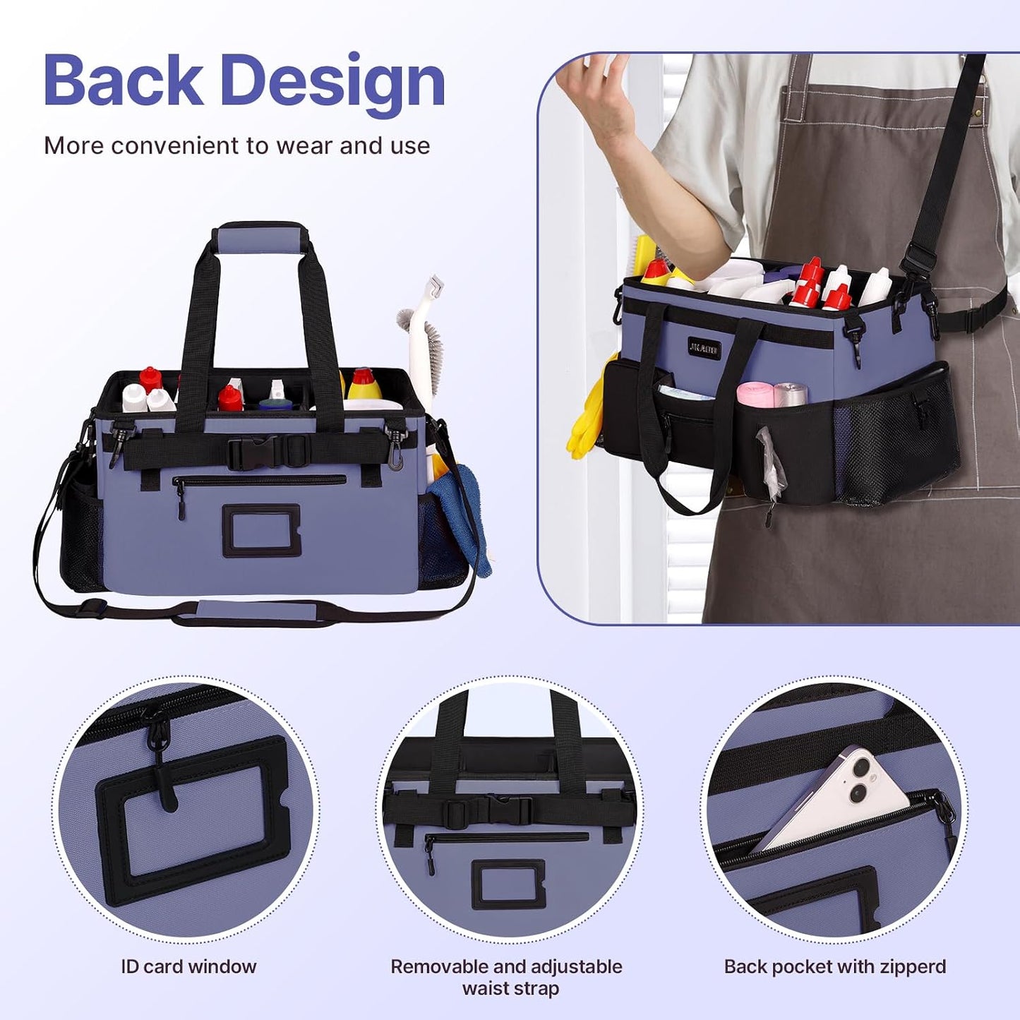 JKAOO Large Wearable Cleaning Caddy Bag with Handles, Denim Blue | Adjustable Shoulder & Waist Straps, Removable, Waterproof Tote for Cleaning Supplies, Home, Car, Office