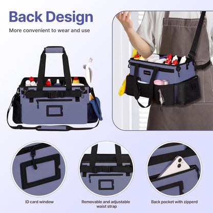 JKAOO Large Wearable Cleaning Caddy Bag with Handles, Denim Blue | Adjustable Shoulder & Waist Straps, Removable, Waterproof Tote for Cleaning Supplies, Home, Car, Office